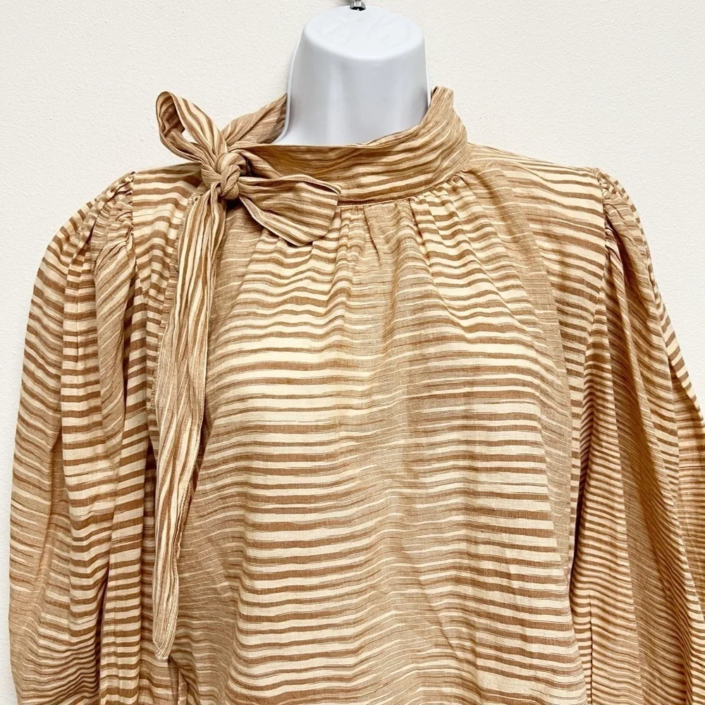 Ulla Johnson Womens Gauzy Ikat Fawn Striped Draped Neck Tie Puff Sleeve Blouse